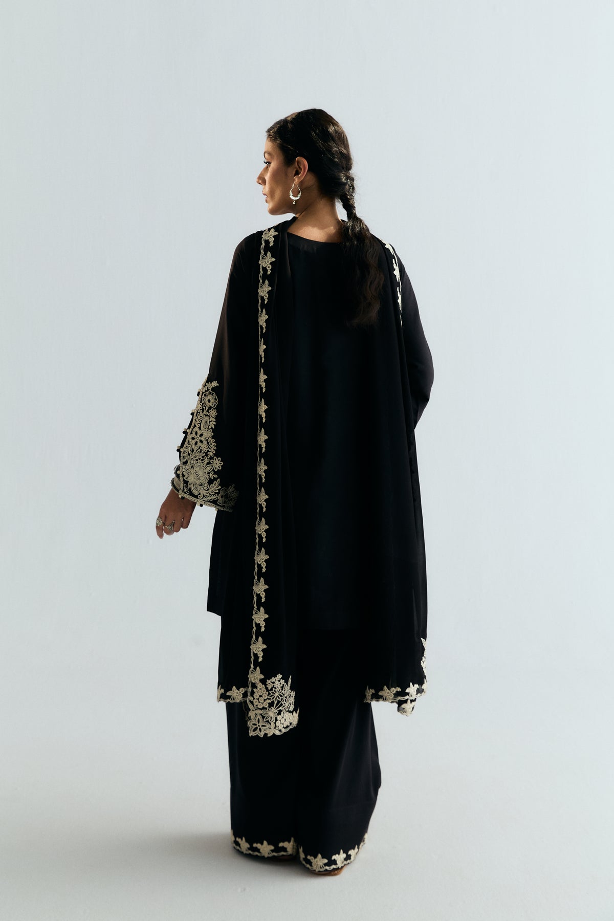 High-end black Pakistani cotton farshi suit with cutwork georgette dupatta — designer pret by Mannam UK