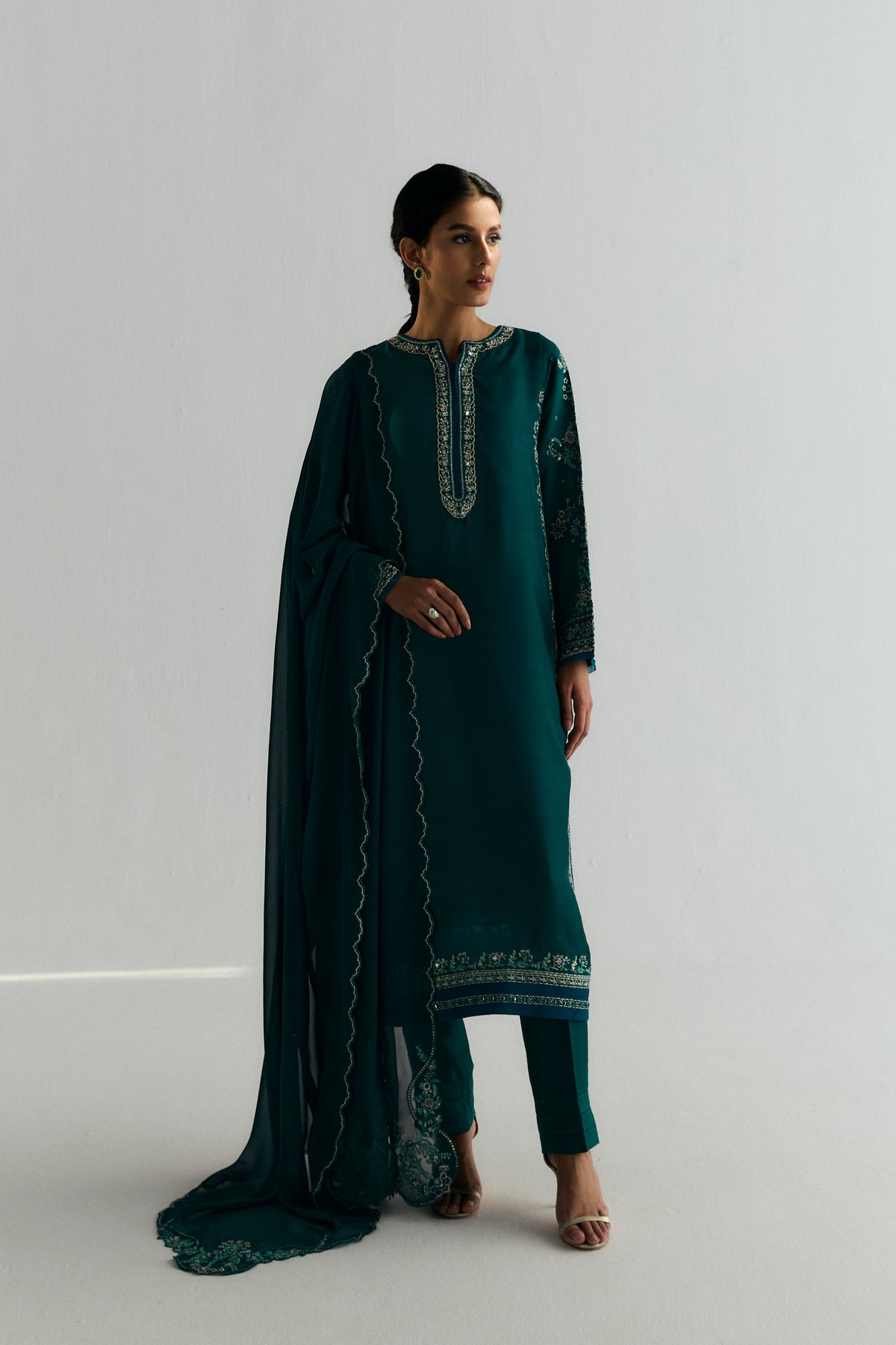 Luxury teal Pakistani three-piece suit in khaadi silk — embroidered kameez with pencil trousers and georgette dupatta UK
