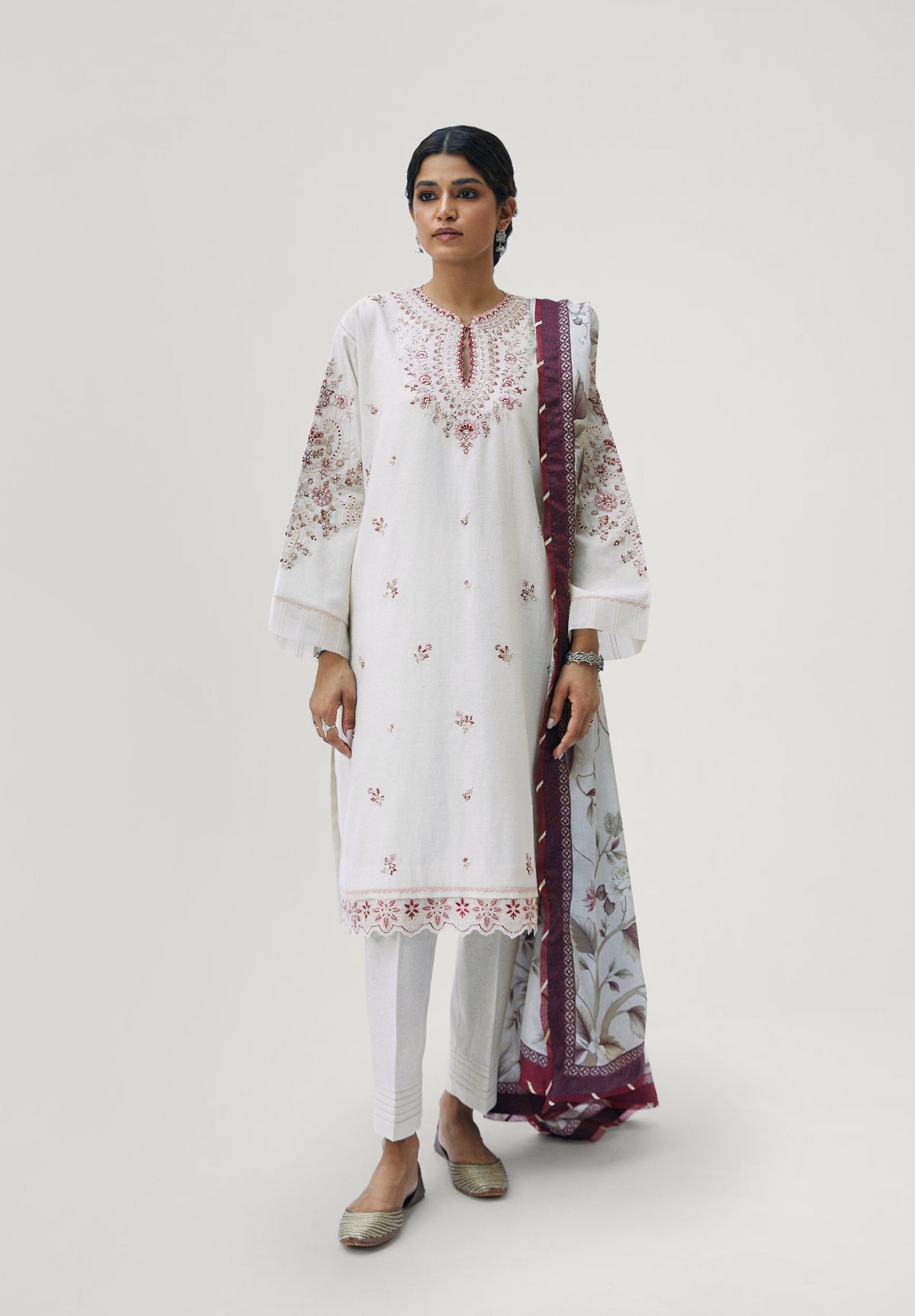 Mannam Ecru Set — three-panel Pakistani kameez with hand-embellished keyhole neckline and floral motifs — formal ethnic wear UK