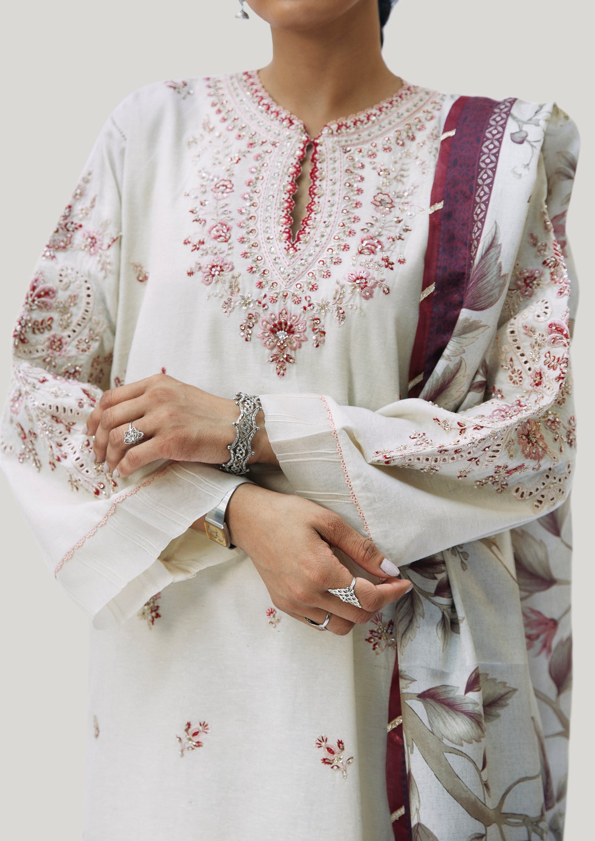 Luxury ecru Pakistani embroidered kameez with pintuck trousers and pure printed silk dupatta — designer South Asian suit UK