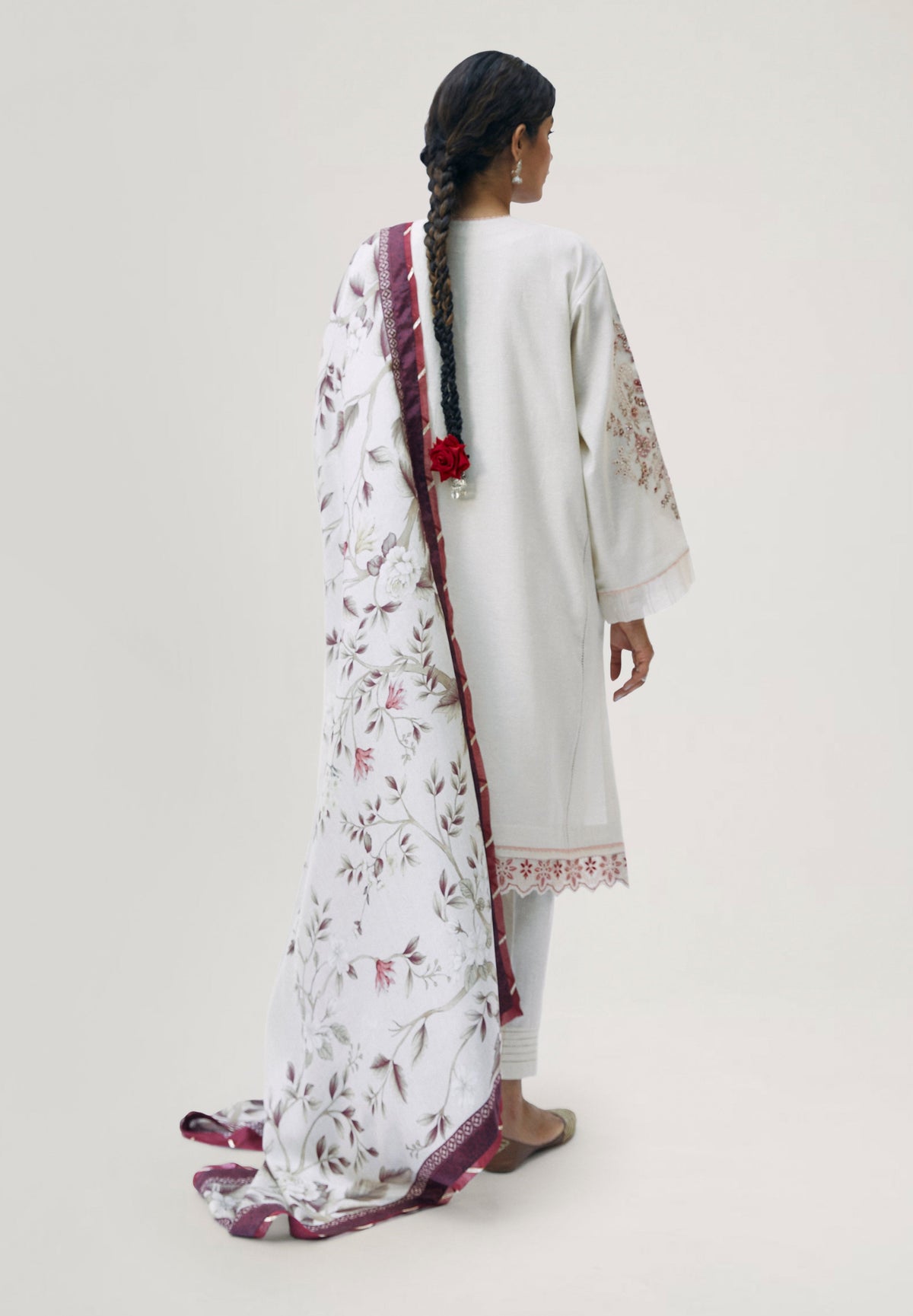 Designer formal ecru kameez set with pure silk printed dupatta and three-panel cut — Pakistani luxury pret