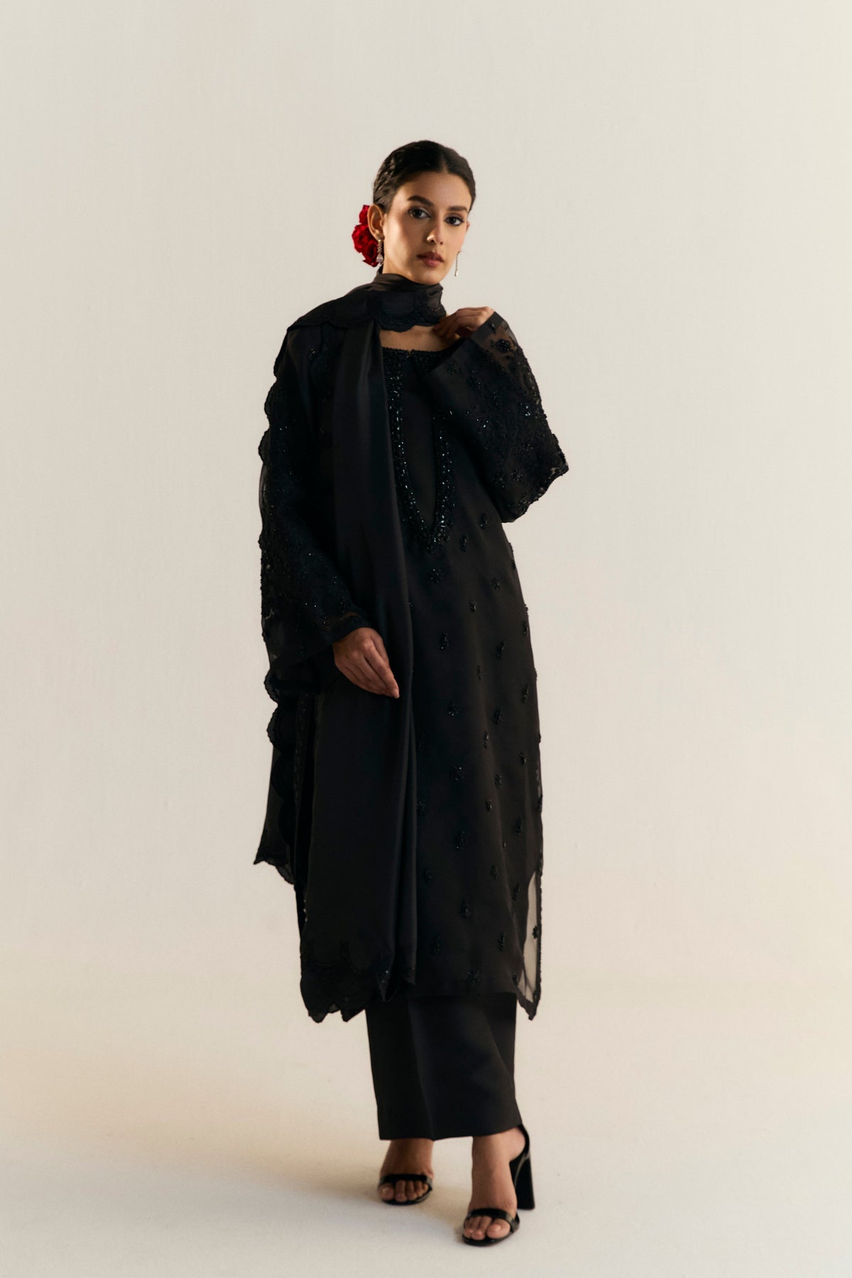 Black luxury Pakistani ethnic outfit with embroidered silk dupatta — South Asian party wear and wedding dress by Mannam