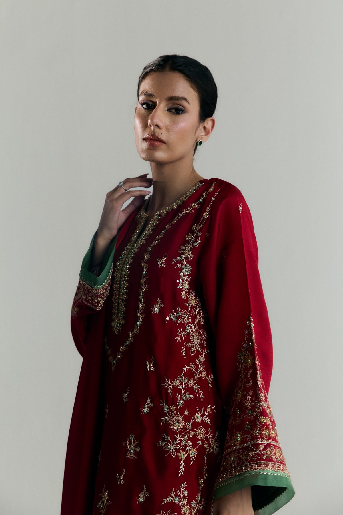Designer Mannam Scarlet Set — red khaadi silk kameez with intricate gota embroidery and silk dupatta