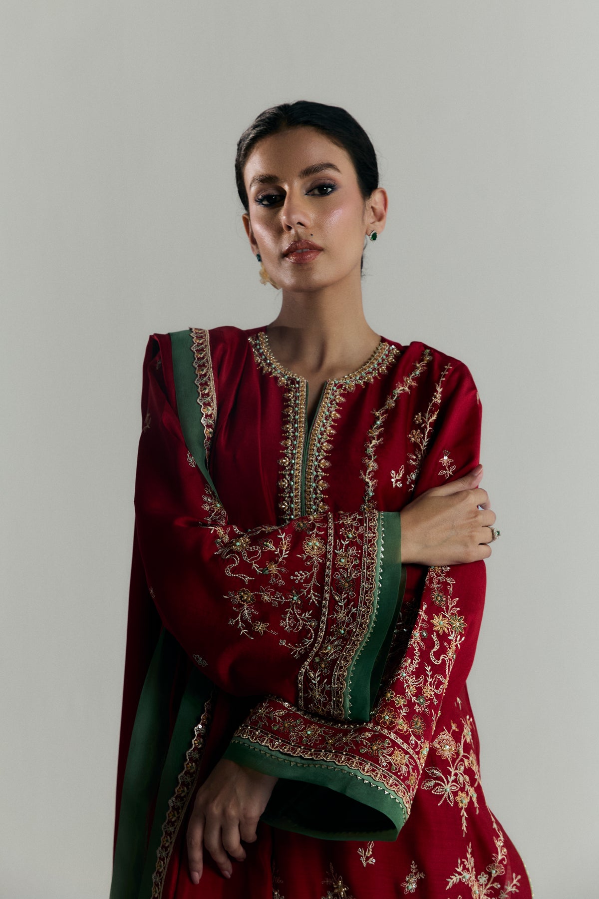 Premium scarlet khaadi silk Pakistani three-piece suit with wide-hem pleated trousers — South Asian formal wear UK