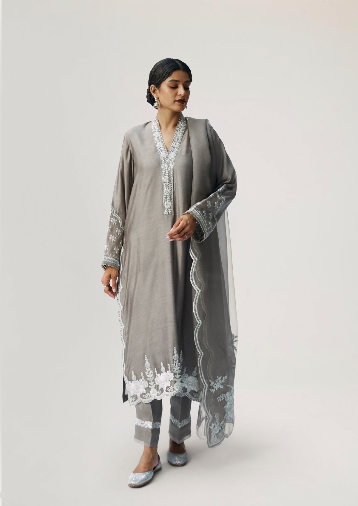 Mink Set — Pure Silk V-Neck Pakistani Kameez with Sequin Embellishments