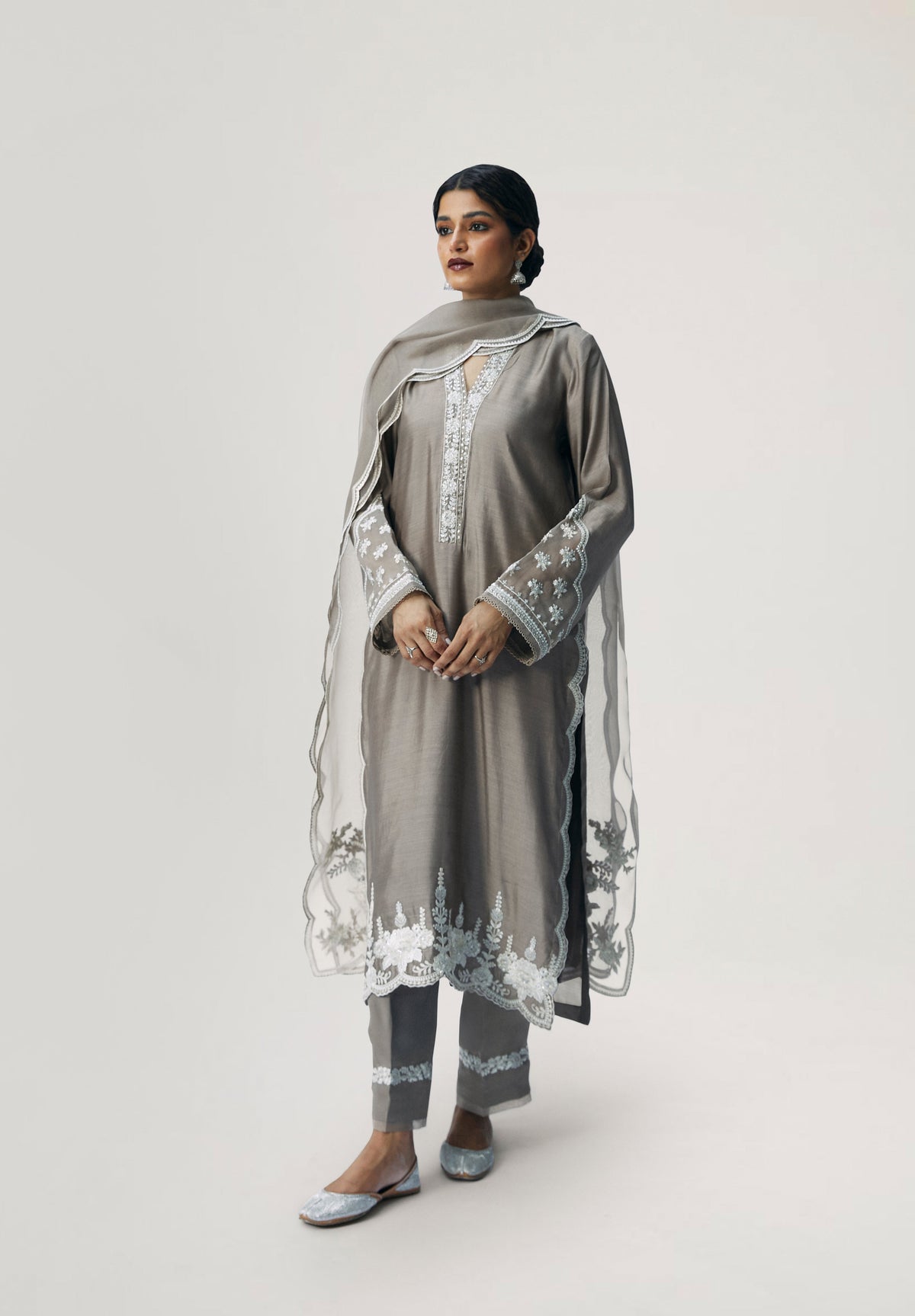 Mink Set full look — silk kameez with sequin embellishments and scalloped organza dupatta