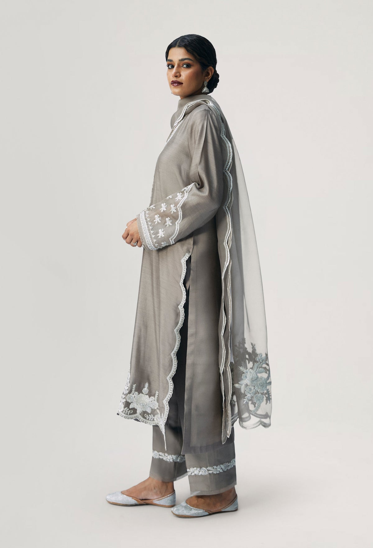 Mink Set V-neck detail — silk kameez with sequin neckline and organza finishing on sleeves 