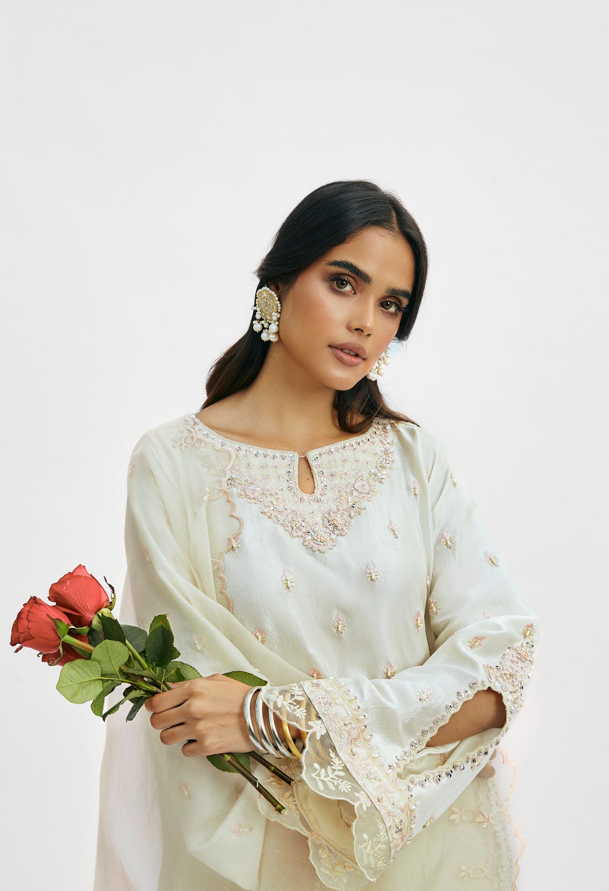 Mannam Off-White Set — pure raw silk Pakistani kameez with organza lace hem and keyhole neckline — luxury formal dress UK
