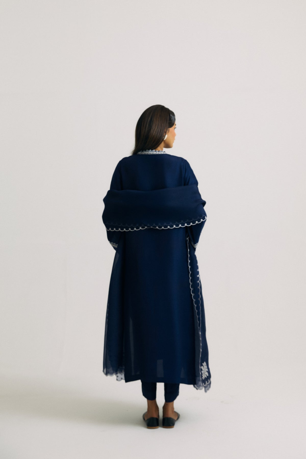 Luxury Pakistani formal wear navy blue silk outfit with embellishments