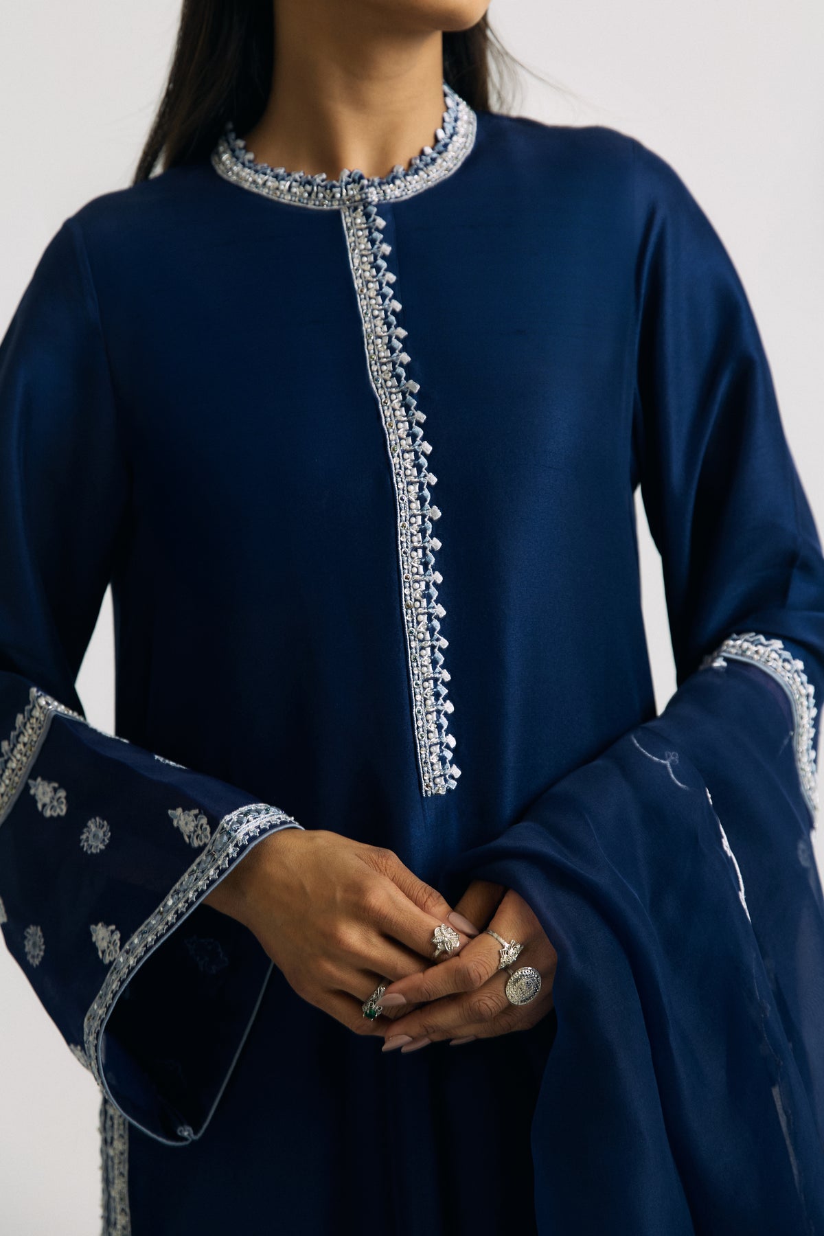 Premium silk ethnic wear for women navy embroidered kameez set