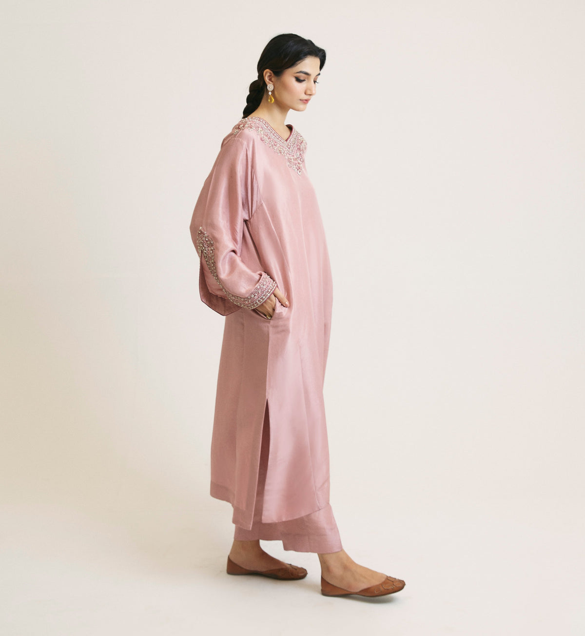 Designer mauve phiran outfit with silk trousers ethnic women clothing