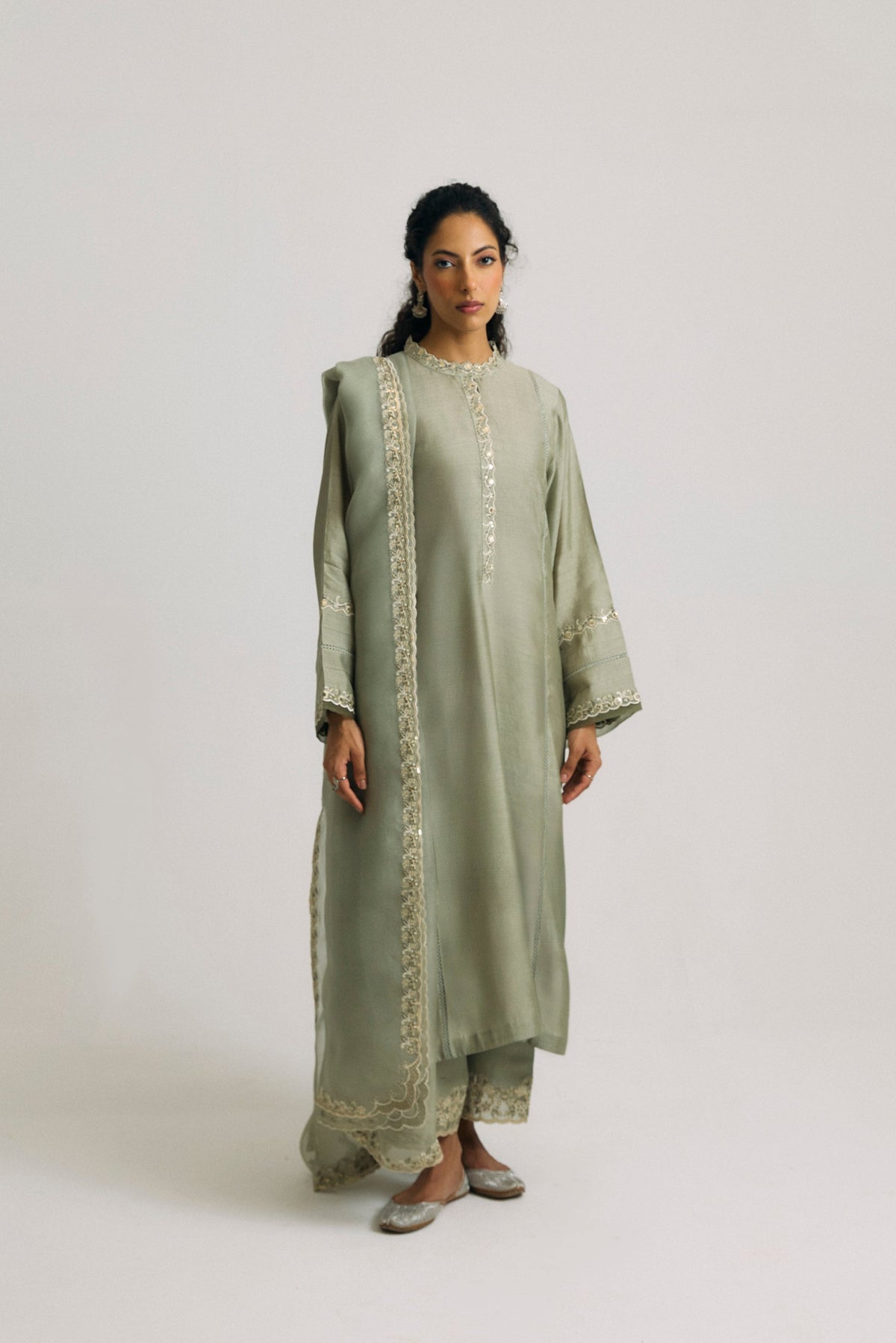 Greenstone Set — Pure Silk Lacework Green Pakistani Kameez with Culotte Trousers & Organza Dupatta