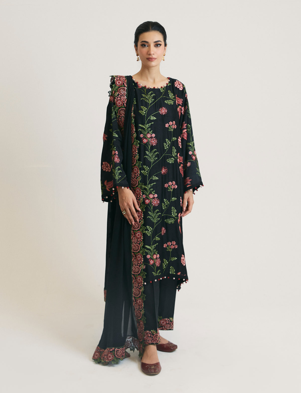 Mannam Black Set — black embroidered rayon kameez with bobble-trim neckline and silk trousers — Pakistani three-piece ready-to-wear UK