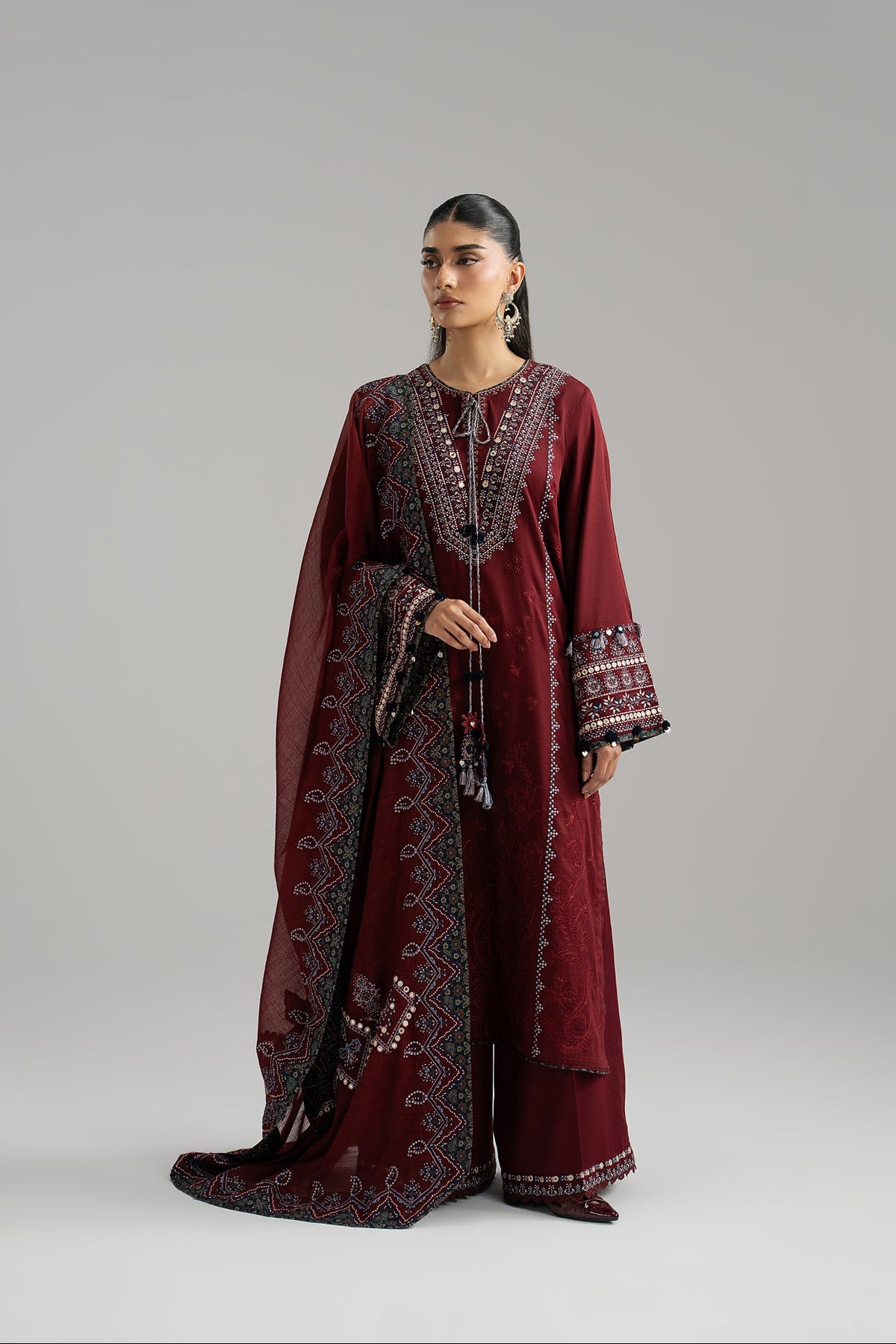 Saffron Set — Deep Maroon Sindhi-Embroidered Pakistani Kameez