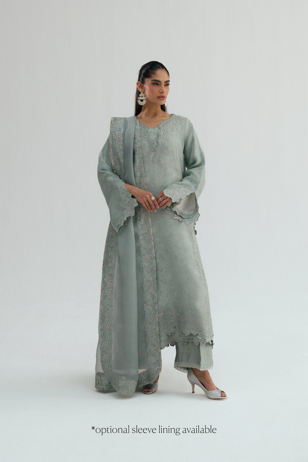 Haze Set — floral sequin embroidery on pastel grey organza kameez with scalloped dupatta | Pakistani Eid UK