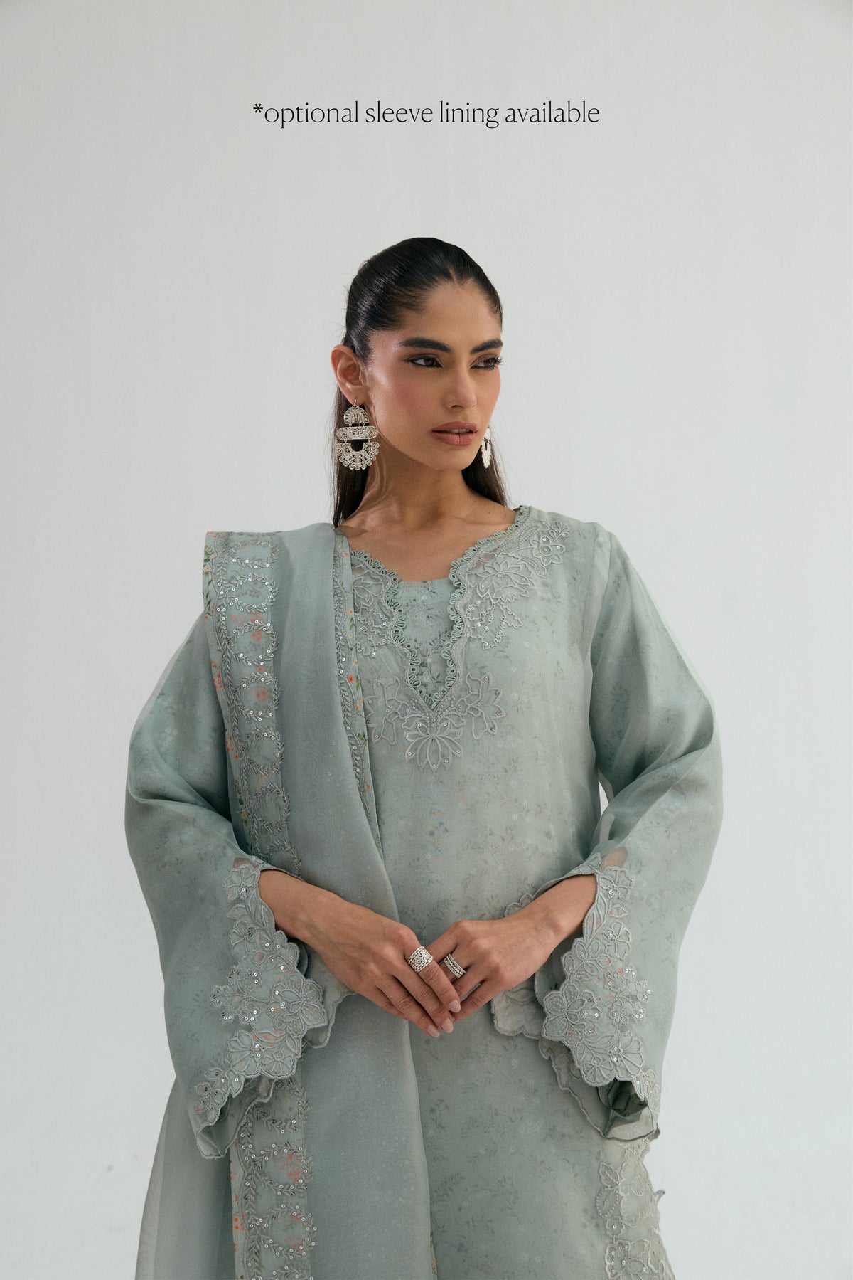 Haze Set — close-up of organza sleeve with intricate cutwork and lace trim | Pakistani Eid formal wear UK