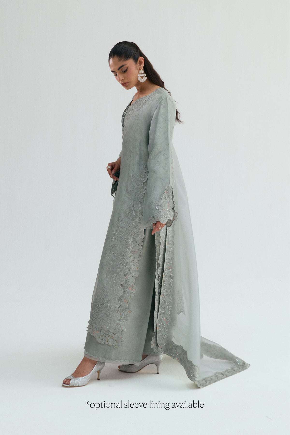 Haze Set — lined sleeve option cutwork detail on icy grey organza Pakistani kameez UK