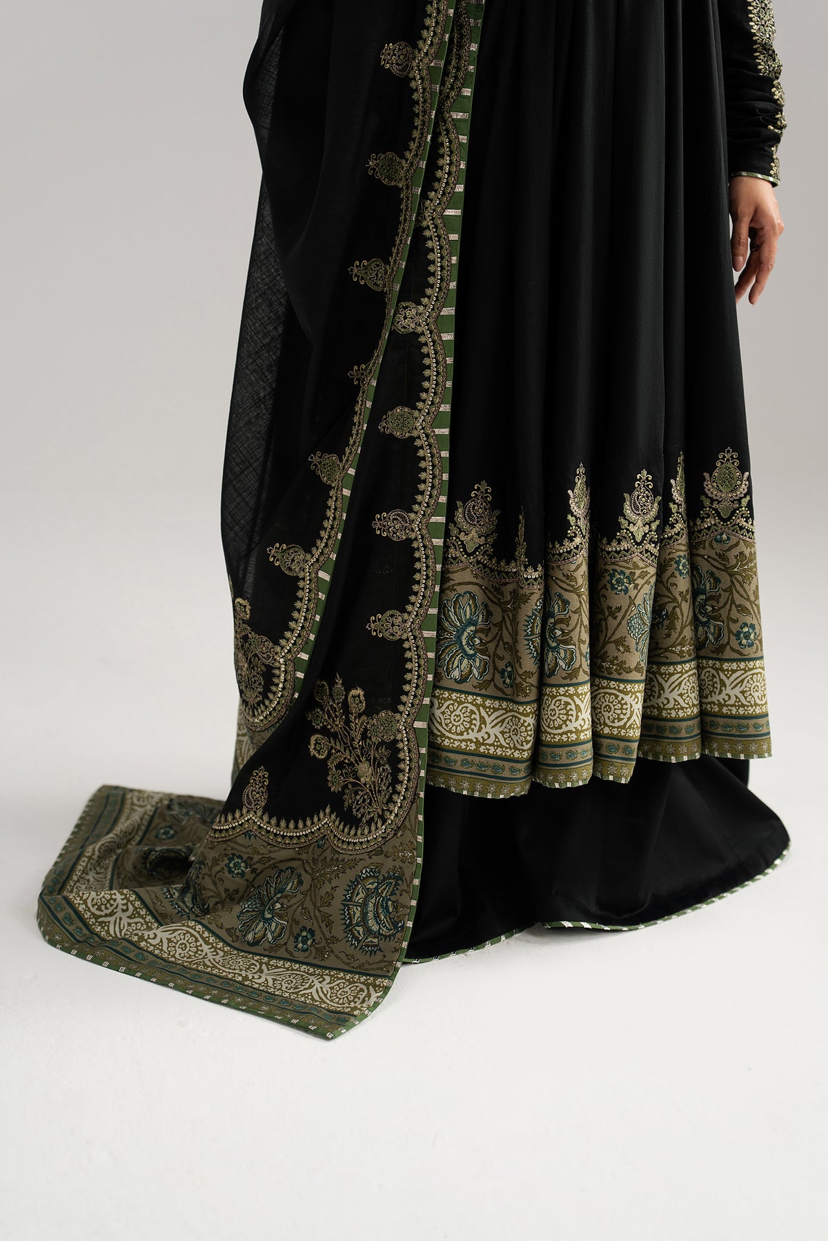 Mannam Sunstone anarkali front view — embroidered koti and flared silhouette | Pakistani cotton suit