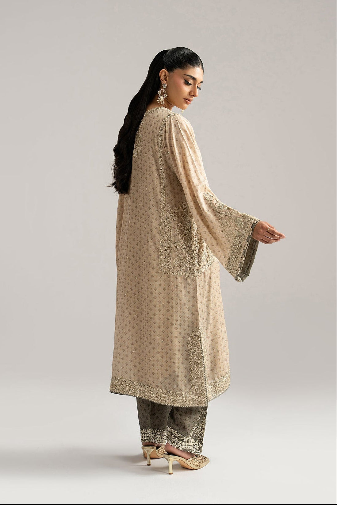 Ivory silk phiran back view — full tilla dori embroidery coverage | Mannam Taupe Pakistani Eid