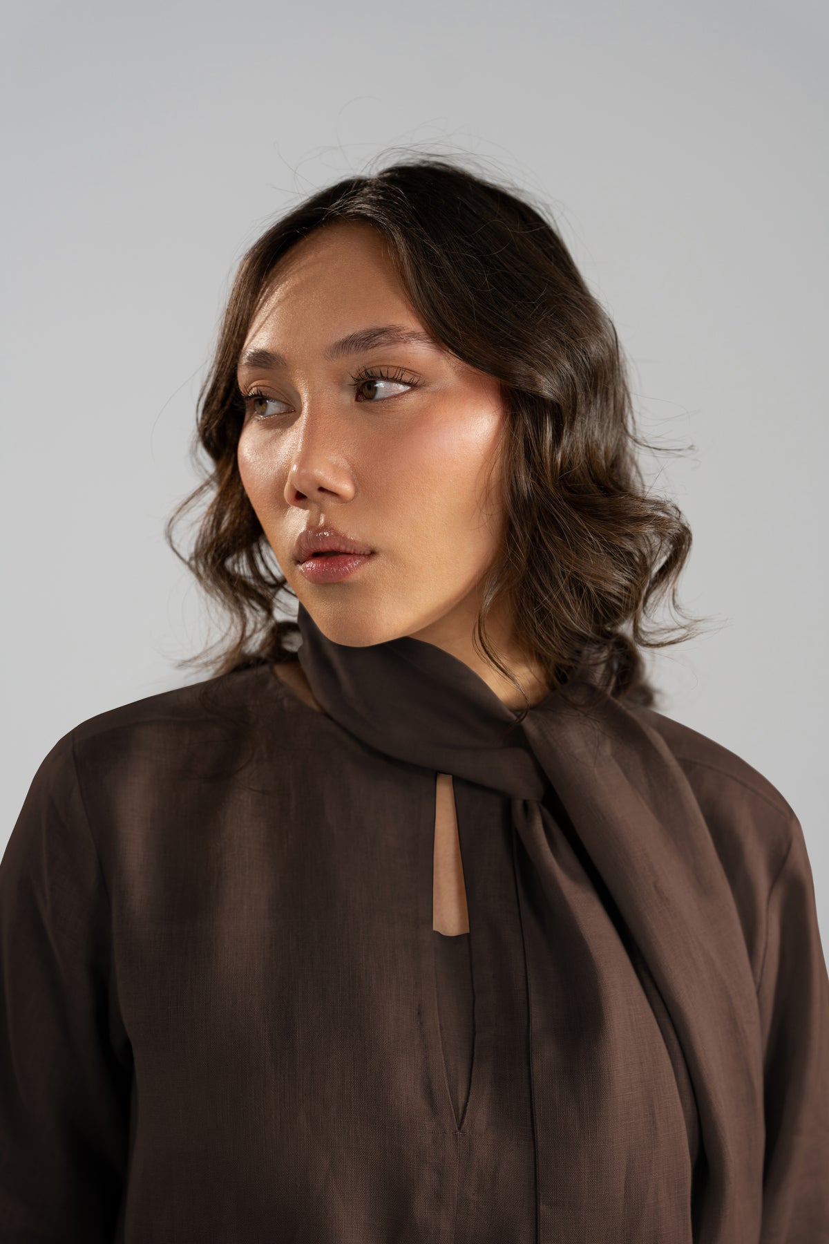 Keyhole neckline and matching scarf detail on Chestnut Set shirt