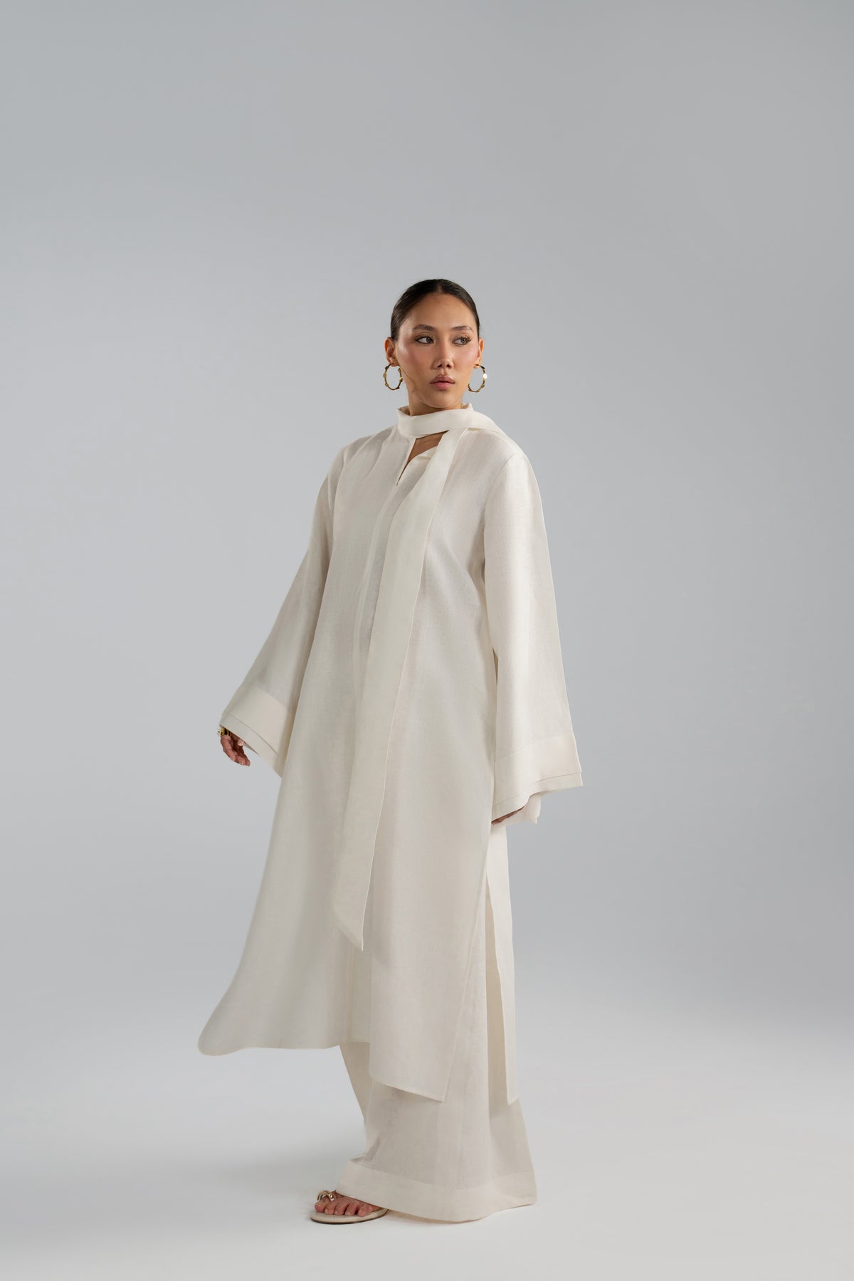 Mist Set tunic layered hem, full-length view with draped scarf