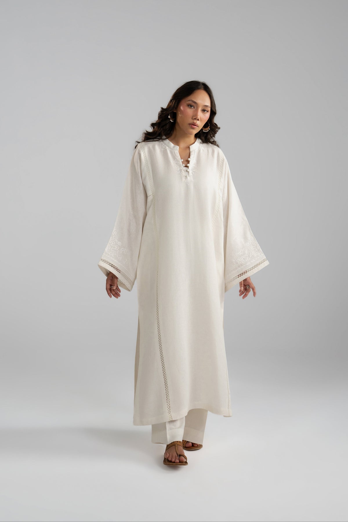 Noor Set white shirt with aari embroidery and button neckline, straight leg trousers