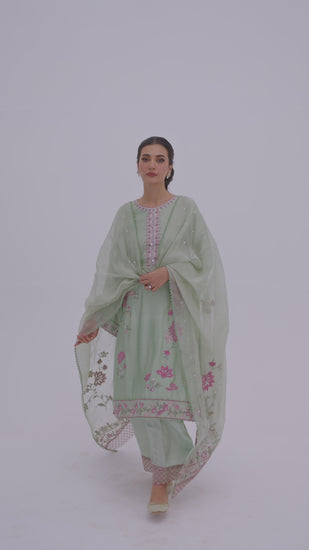 Mint green rayon embroidered kameez with scallop hem and silk organza dupatta, Mannam