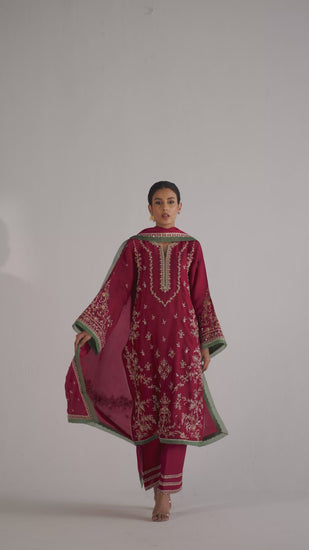 Video of Mannam Scarlet Set — red khaadi silk Pakistani kameez with gota embroidery, wide-hem trousers and silk dupatta