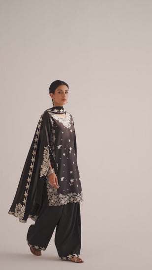 Video of Mannam Coal Farshi Set — black Pima cotton Pakistani farshi shalwar kameez with ivory threadwork and dupatta