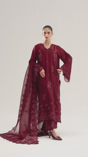 Video of Mannam Cranberry Set — maroon raw silk Pakistani long kameez with floral threadwork, sequins and organza dupatta