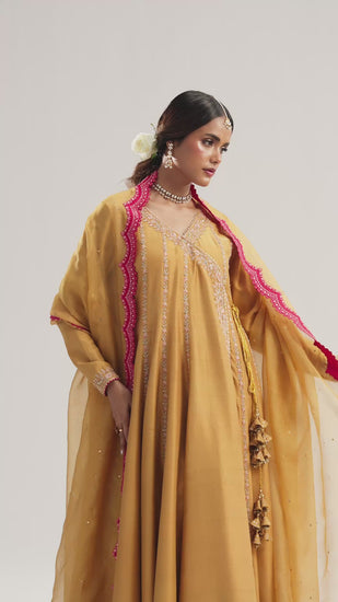 Designer raw silk kalidaar suit with resham embroidery and sequin work