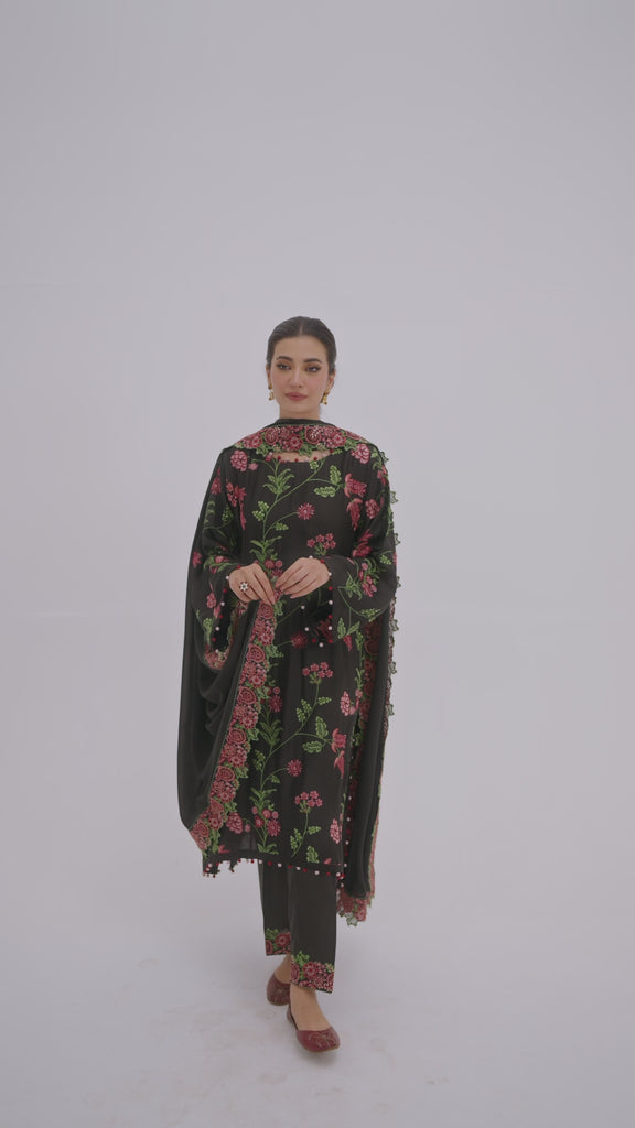 Video of Mannam Black Set — black embroidered rayon Pakistani three-piece kameez with dupatta, formal and festive wear