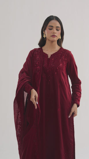 Maroon Set video — deep red embroidered cotton 3-piece Pakistani kameez with dupatta