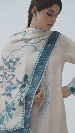 Almond Pakistani pure silk kameez with scalloped edges and printed silk dupatta — Mannam UK