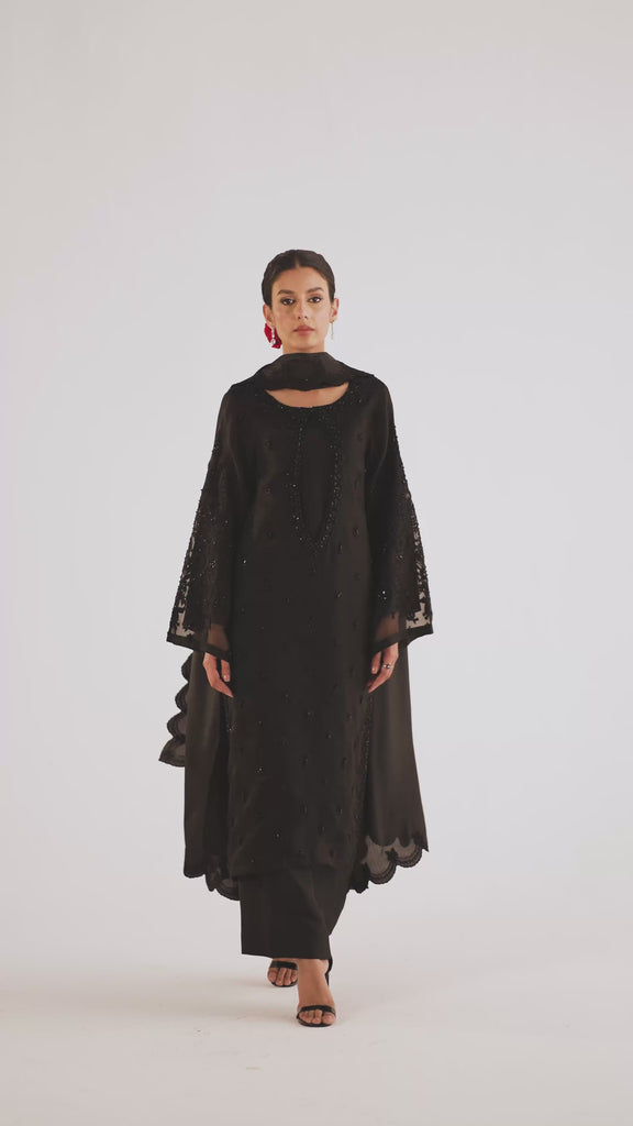 Video of Mannam Raven Set — all-black organza beaded Pakistani formal three-piece with keyhole neckline and silk dupatta