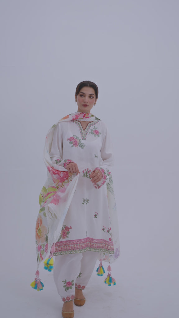 Women's white Pakistani ethnic outfit with embroidered V-neck neckline and pure silk dupatta with tassels — Mannam UK