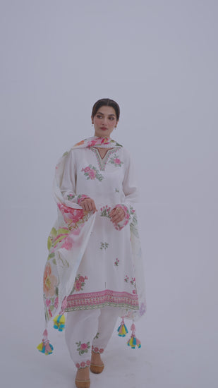 Women's white Pakistani ethnic outfit with embroidered V-neck neckline and pure silk dupatta with tassels — Mannam UK