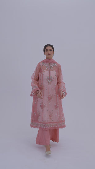 Mannam pink kalidaar set worn — peshwas silhouette front view | Pakistani designer formal wear UK