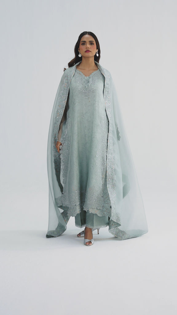 Haze Set video — pastel grey organza 3-piece Pakistani suit with cutwork and floral sequin embroidery | Eid wear UK