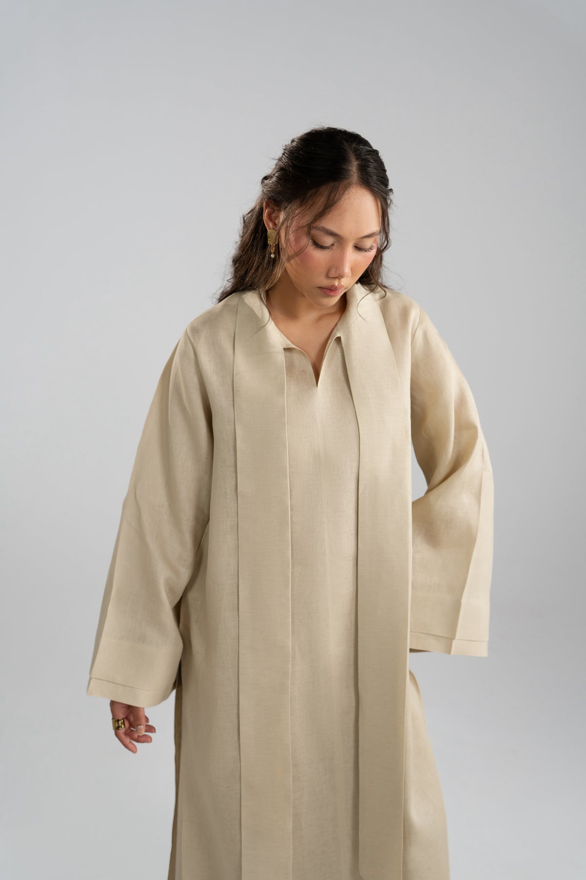 Sahara Set tunic fabric texture and scarf drape, front view