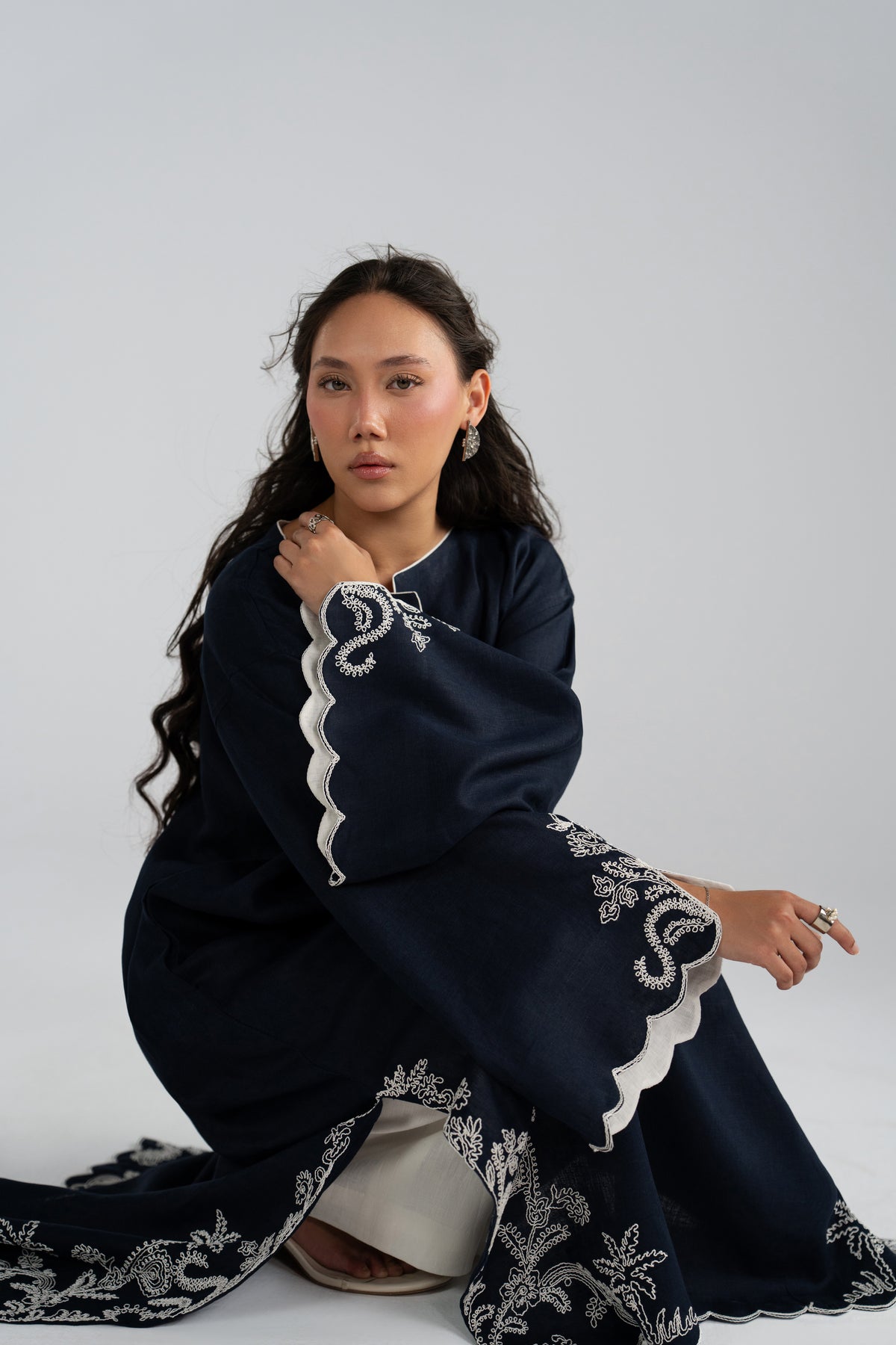 Close-up of slit sleeve and dori embroidery detail on Selene Set kaftan